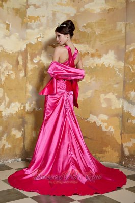 V-neck Beading Hot Pink Prom Evening Dress Train