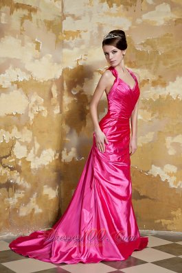 V-neck Beading Hot Pink Prom Evening Dress Train