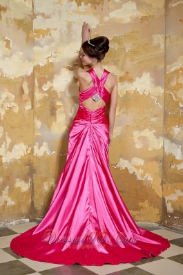 V-neck Beading Hot Pink Prom Evening Dress Train