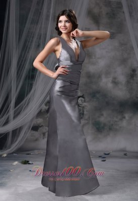 V-neck Grey Prom Evening Dress Criss Cross Back