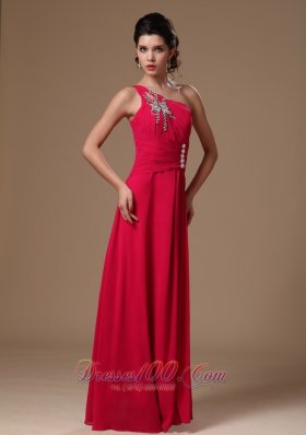 Coral Red One Shoulder Beaded Evening Prom Gowns