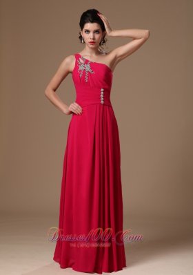 Coral Red One Shoulder Beaded Evening Prom Gowns