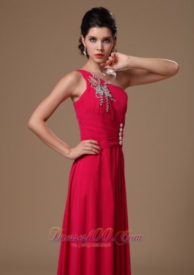 Coral Red One Shoulder Beaded Evening Prom Gowns