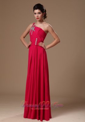 Coral Red One Shoulder Beaded Evening Prom Gowns