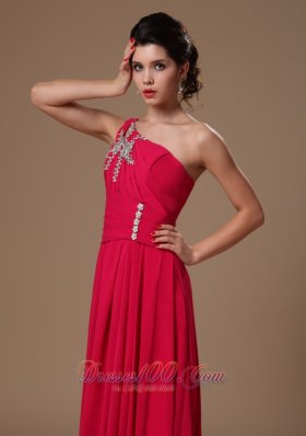 Coral Red One Shoulder Beaded Evening Prom Gowns