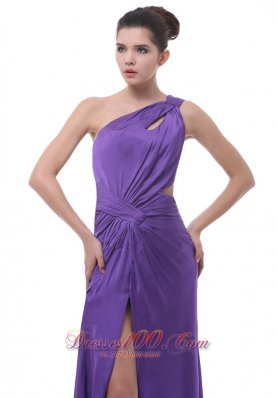 Ruched Shoulder High Slit Purple Prom Evening Dress