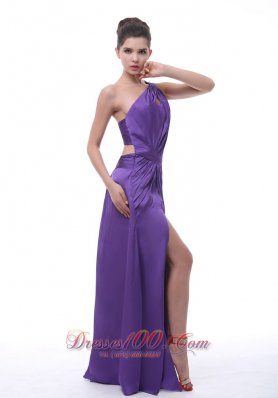 Ruched Shoulder High Slit Purple Prom Evening Dress