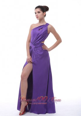 Ruched Shoulder High Slit Purple Prom Evening Dress