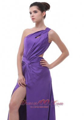 Ruched Shoulder High Slit Purple Prom Evening Dress