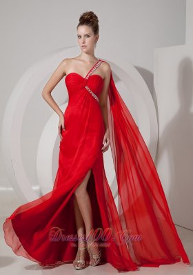 One Shoulder Beaded Red Prom Evening Dress Train