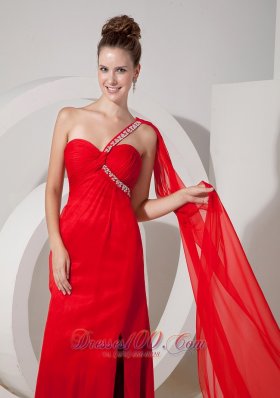 One Shoulder Beaded Red Prom Evening Dress Train