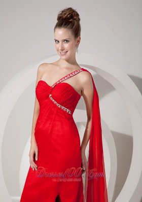 One Shoulder Beaded Red Prom Evening Dress Train