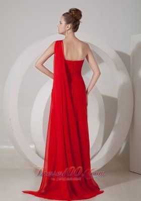 One Shoulder Beaded Red Prom Evening Dress Train