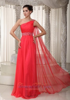 Coral Red Beaded One Shoulder Prom Evening Dress
