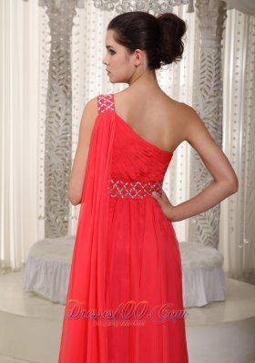 Coral Red Beaded One Shoulder Prom Evening Dress