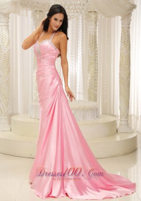 Ruched Halter Top Rose Pink Prom Evening Dress