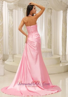 Ruched Halter Top Rose Pink Prom Evening Dress