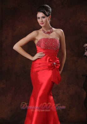 Beaded Mermaid Red Prom Evening Dress Satin Bow