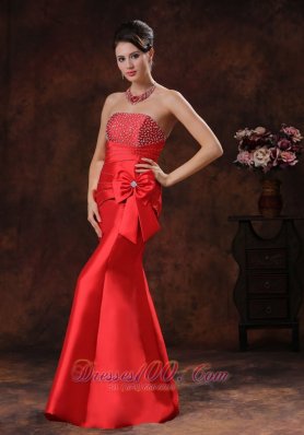 Beaded Mermaid Red Prom Evening Dress Satin Bow