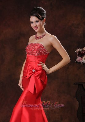 Beaded Mermaid Red Prom Evening Dress Satin Bow