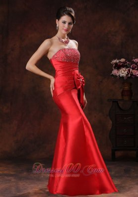 Beaded Mermaid Red Prom Evening Dress Satin Bow