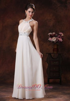 White Scoop Beaded Prom Dress For Formal Evening