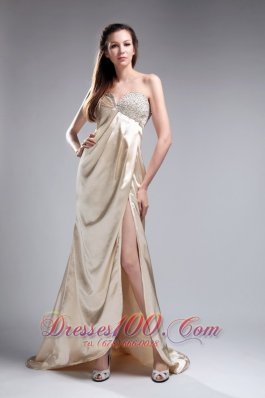 Champagne Prom Evening Dress Beaded Sweetheart Train