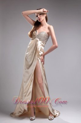 Champagne Prom Evening Dress Beaded Sweetheart Train