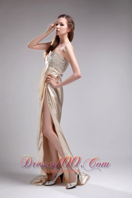 Champagne Prom Evening Dress Beaded Sweetheart Train