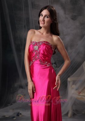 Beaded Sweetheart Ruched Hot Pink Prom Evening Dress