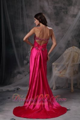 Beaded Sweetheart Ruched Hot Pink Prom Evening Dress