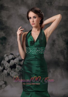 Dark Green Mermaid Halter Prom Evening Dress Beaded