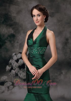 Dark Green Mermaid Halter Prom Evening Dress Beaded