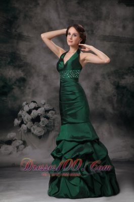 Dark Green Mermaid Halter Prom Evening Dress Beaded