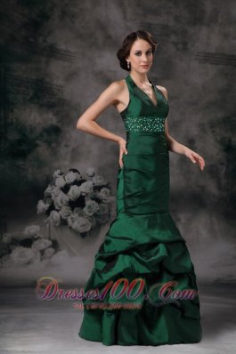 Dark Green Mermaid Halter Prom Evening Dress Beaded