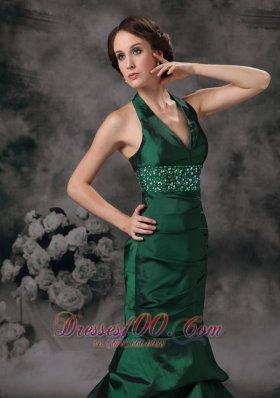 Dark Green Mermaid Halter Prom Evening Dress Beaded