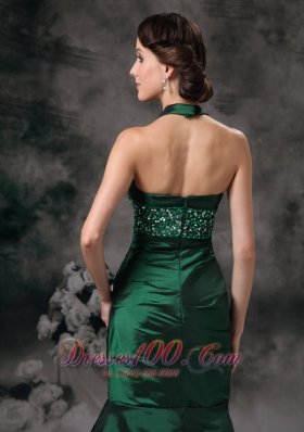 Dark Green Mermaid Halter Prom Evening Dress Beaded