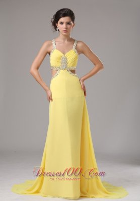 Beaded Straps Yellow Prom Evening Dress Chiffon Train