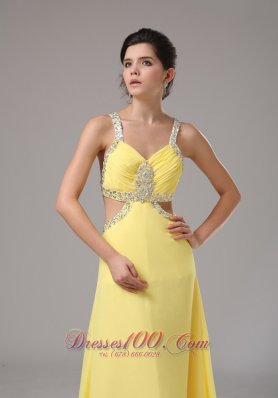 Beaded Straps Yellow Prom Evening Dress Chiffon Train