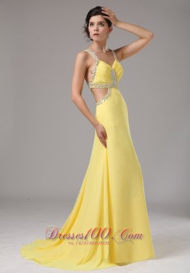 Beaded Straps Yellow Prom Evening Dress Chiffon Train