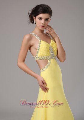 Beaded Straps Yellow Prom Evening Dress Chiffon Train