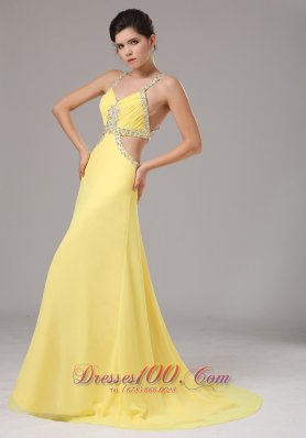 Beaded Straps Yellow Prom Evening Dress Chiffon Train