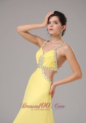 Beaded Straps Yellow Prom Evening Dress Chiffon Train