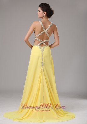 Beaded Straps Yellow Prom Evening Dress Chiffon Train