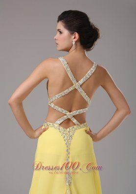 Beaded Straps Yellow Prom Evening Dress Chiffon Train