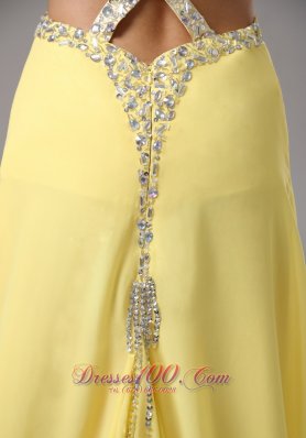 Beaded Straps Yellow Prom Evening Dress Chiffon Train