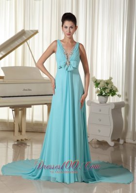 V-neck Flowers Aqua Blue Prom Dress For Formal Evening