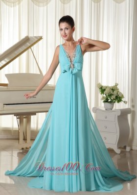 V-neck Flowers Aqua Blue Prom Dress For Formal Evening