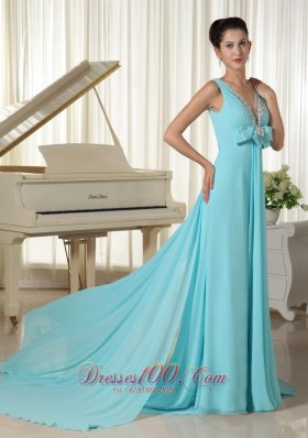 V-neck Flowers Aqua Blue Prom Dress For Formal Evening