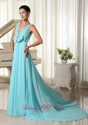 V-neck Flowers Aqua Blue Prom Dress For Formal Evening